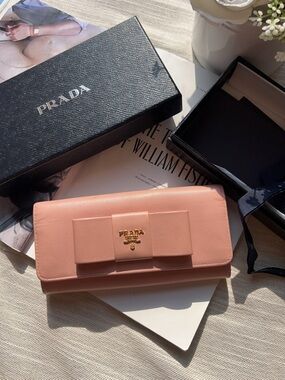 Prada Pink Saffiano Leather Bow Wallet with Gold Logo